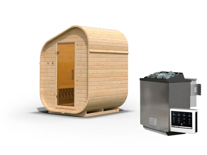 Karibu Fasssauna  Asymmetrisch 1, inkl. 9 kW Bioofen ext. Steuerung