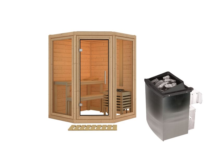 Karibu Sauna Yuma, inkl. 9 kW Ofen integr. Steuerung, mit Klarglas Ganzglastür