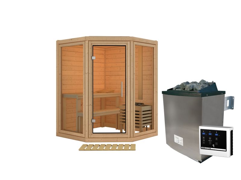 Karibu Sauna Yuma, inkl. 9 kW Ofen ext. Steuerung, mit Klarglas Ganzglastür