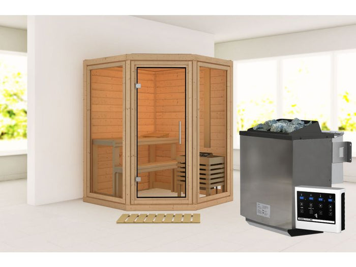 Karibu Sauna Yuma, inkl. 9 kW Bioofen ext. Steuerung, mit Klarglas Ganzglastür
