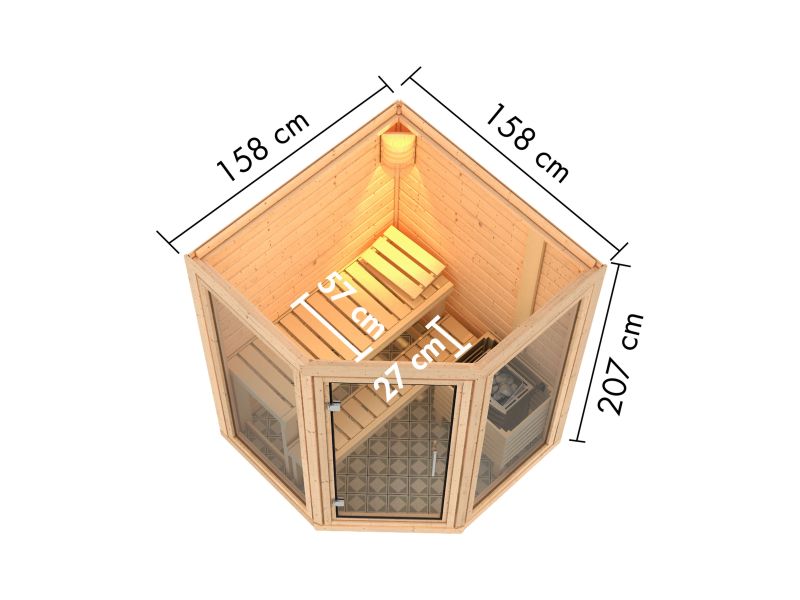Karibu Sauna Yuma, inkl. 9 kW Bioofen ext. Steuerung, mit Klarglas Ganzglastür