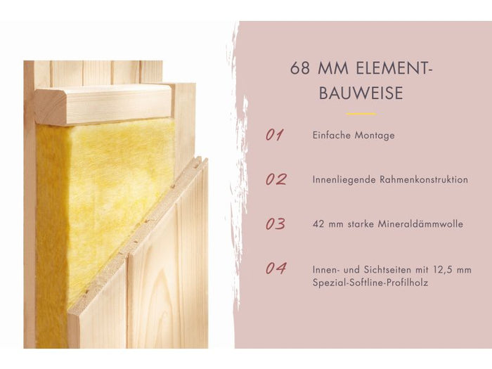 Karibu Sauna Airi, inkl. 9 kW Ofen ext. Steuerung - mit Dachkranz -