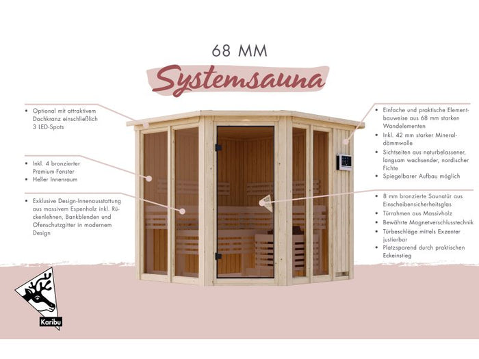 Karibu Sauna Airi, inkl. 9 kW Bioofen ext. Steuerung - mit Dachkranz -