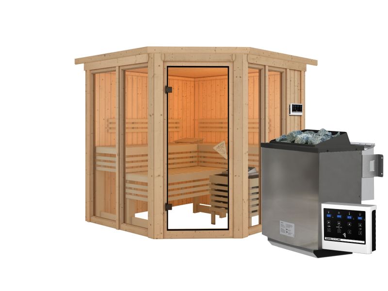 Karibu Sauna Airi, inkl. 9 kW Bioofen ext. Steuerung - mit Dachkranz -