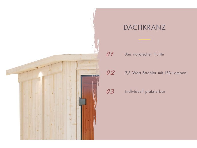 Karibu Sauna Airi, inkl. 9 kW Bioofen ext. Steuerung - mit Dachkranz -