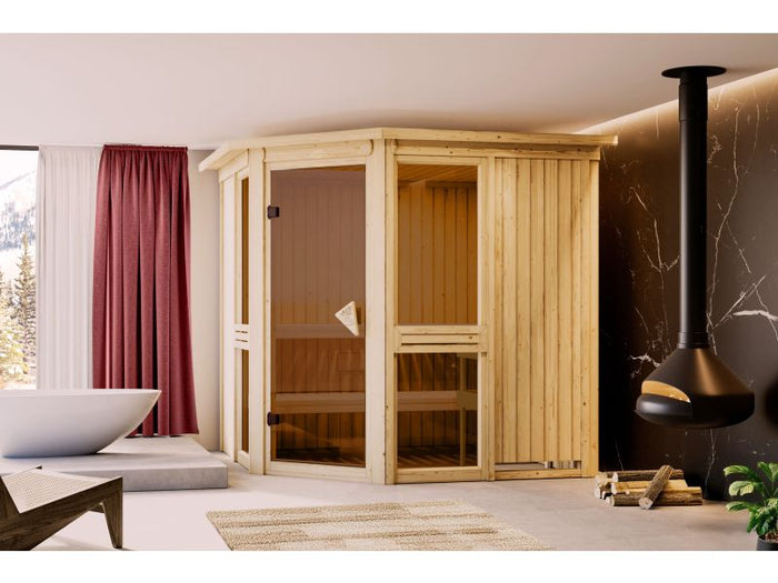 Amelia 2 - Karibu Sauna, inkl. 9 kW Ofen integr. Steuerung - mit Dachkranz -