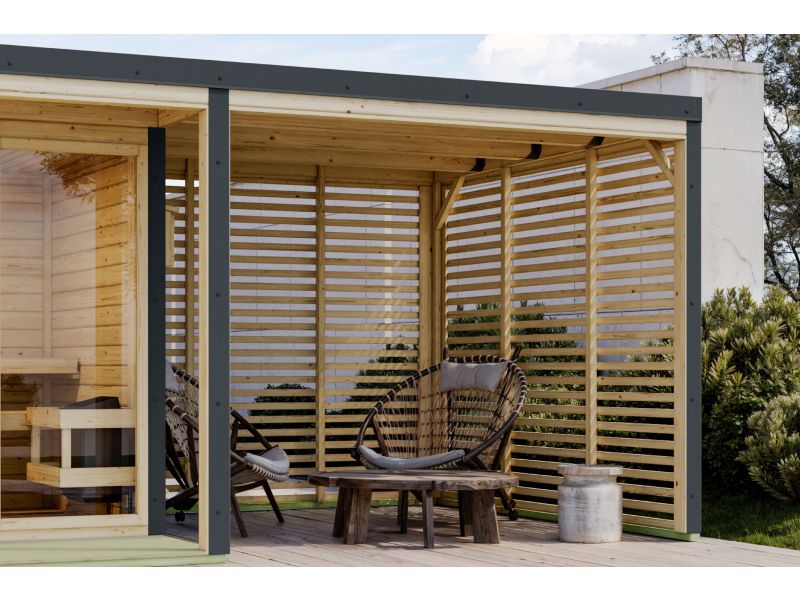Karibu Anbaudach für Ares inkl. Lamellenwänden naturbelassen/anthrazit