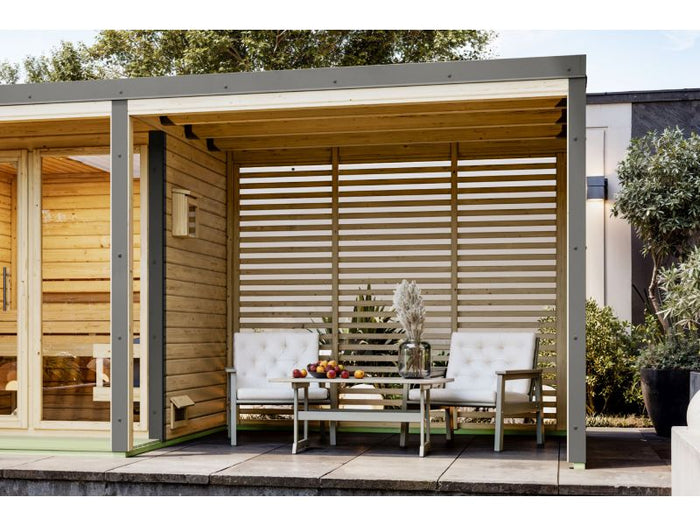 Karibu Anbaudach für Ares inkl. Lamellenwänden naturbelassen/graualuminium
