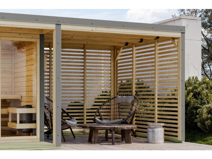 Karibu Anbaudach für Ares inkl. Lamellenwänden naturbelassen/graualuminium
