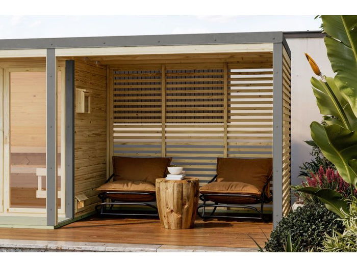 Karibu Anbaudach für Ares inkl. Lamellenwänden naturbelassen/graualuminium