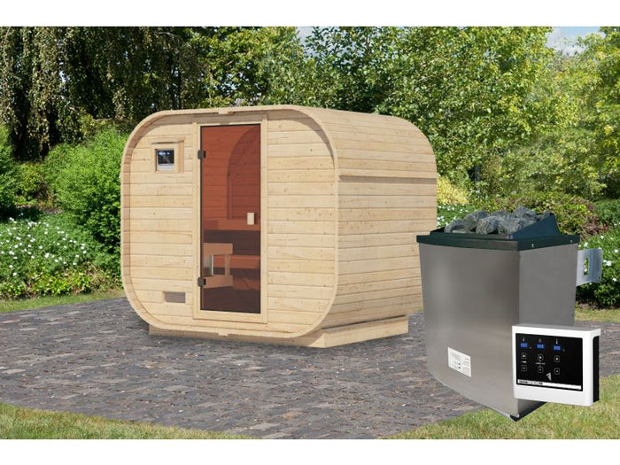 Karibu Fasssauna Quadro 1 Plus,38 mm, inkl. 9 kW Ofen ext. Steuerung