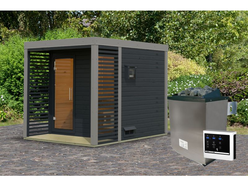 Karibu Hybrid Saunahaus Ares 2, anthrazit/graualuminium, inkl. 9 kW Ofen ext. Steuerung