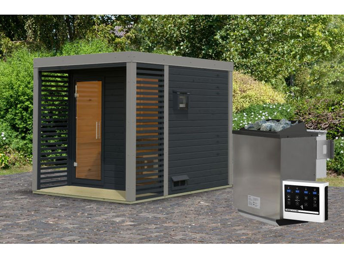 Karibu Hybrid Saunahaus Ares 2, anthrazit/graualuminium, inkl. 9 kW Bioofen ext. Steuerung