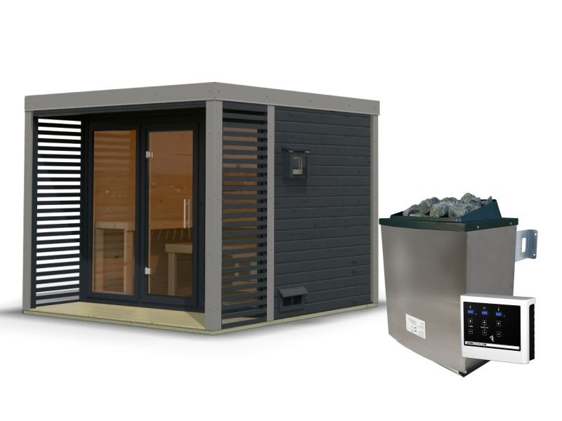 Karibu Hybrid Saunahaus Ares 3, anthrazit/graualuminium, inkl. 9 kW Ofen ext. Steuerung