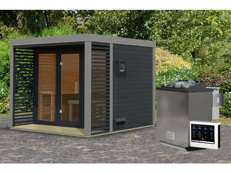Karibu Hybrid Saunahaus Ares 3, anthrazit/graualuminium, inkl. 9 kW Bioofen ext. Steuerung