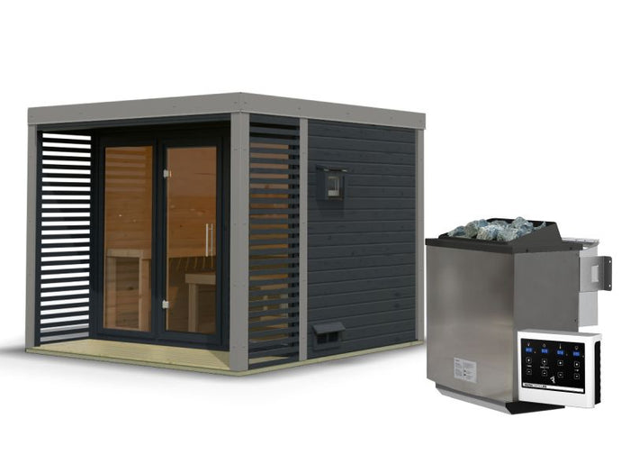 Karibu Hybrid Saunahaus Ares 3, anthrazit/graualuminium, inkl. 9 kW Bioofen ext. Steuerung