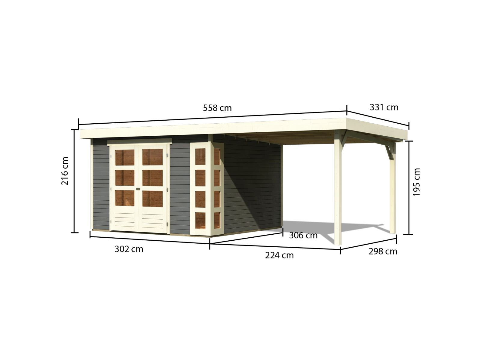 Karibu Gartenhaus Kerko 6 mit 2,40 m Anbaudach, 19 mm, terragrau
