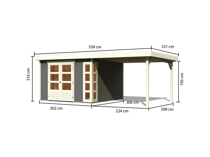Karibu Gartenhaus Kerko 6 mit 2,40 m Anbaudach, 19 mm, terragrau