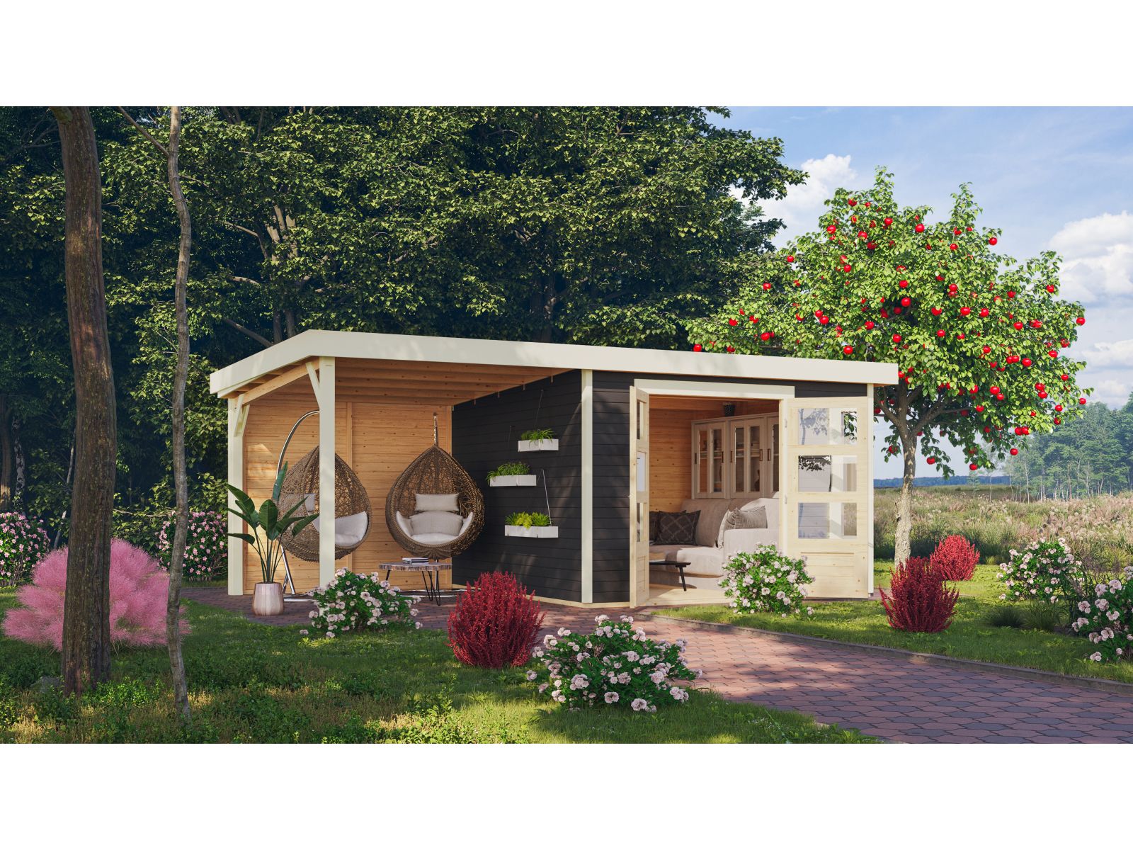 Karibu Gartenhaus Kerko 6 terragrau mit 2,40 m Anbaudach inkl. Rückwand