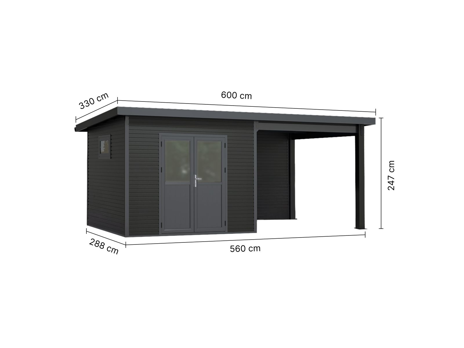 WPC Gartenhaus Linia 5628 mit Anbaudach und Rückwand, inkl. Dachrinnen-Set, Anthrazit