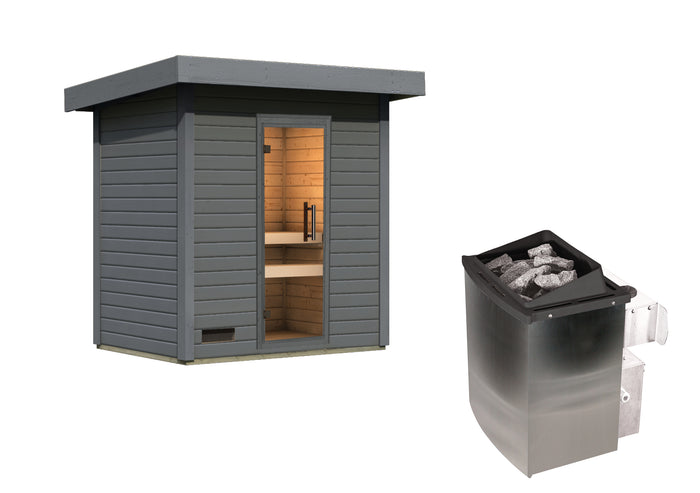 Karibu Saunahaus Caapi 2, terragrau, inkl. 9 kW Ofen integr. Steuerung, mit Klarglastür und Fußboden