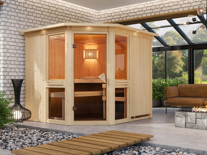 Amelia 3 - Karibu Sauna inkl. 9 kW Ofen ext. Steuerung Wifi HUUM - mit Dachkranz -