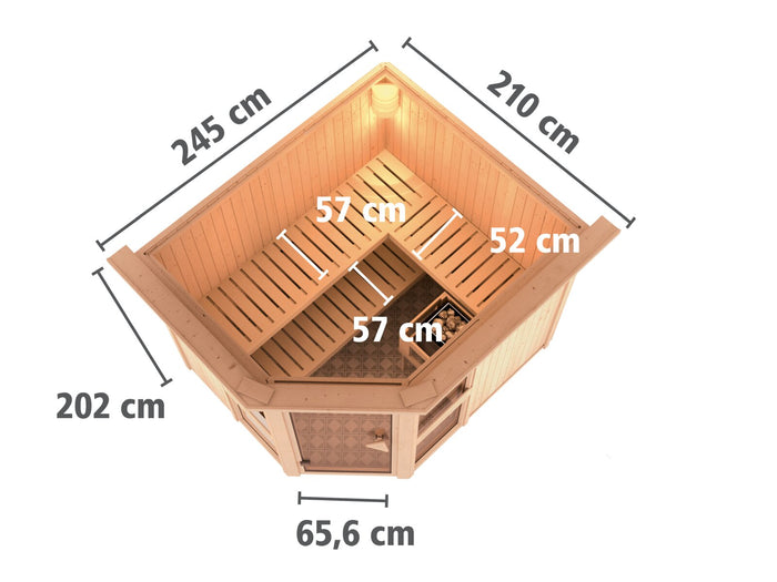 Amelia 3 - Karibu Sauna inkl. 9 kW Ofen ext. Steuerung Wifi HUUM - mit Dachkranz -