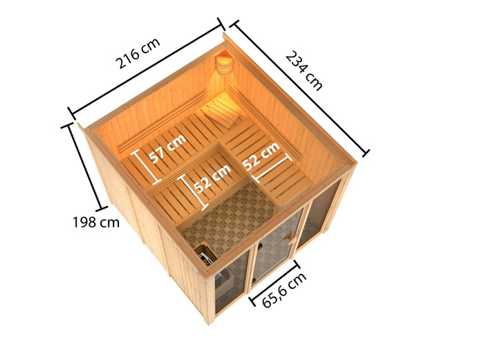 Karibu Sauna Askja 68 mm, inkl. 9 kW Bioofen ext. Steuerung Wifi HUUM - ohne Dachkranz -