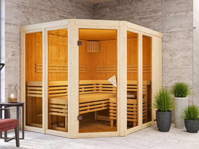 Karibu Sauna Ainur 3, 68 mm, inkl. 9 kW Ofen ext. Steuerung Wifi HUUM - ohne Dachkranz -