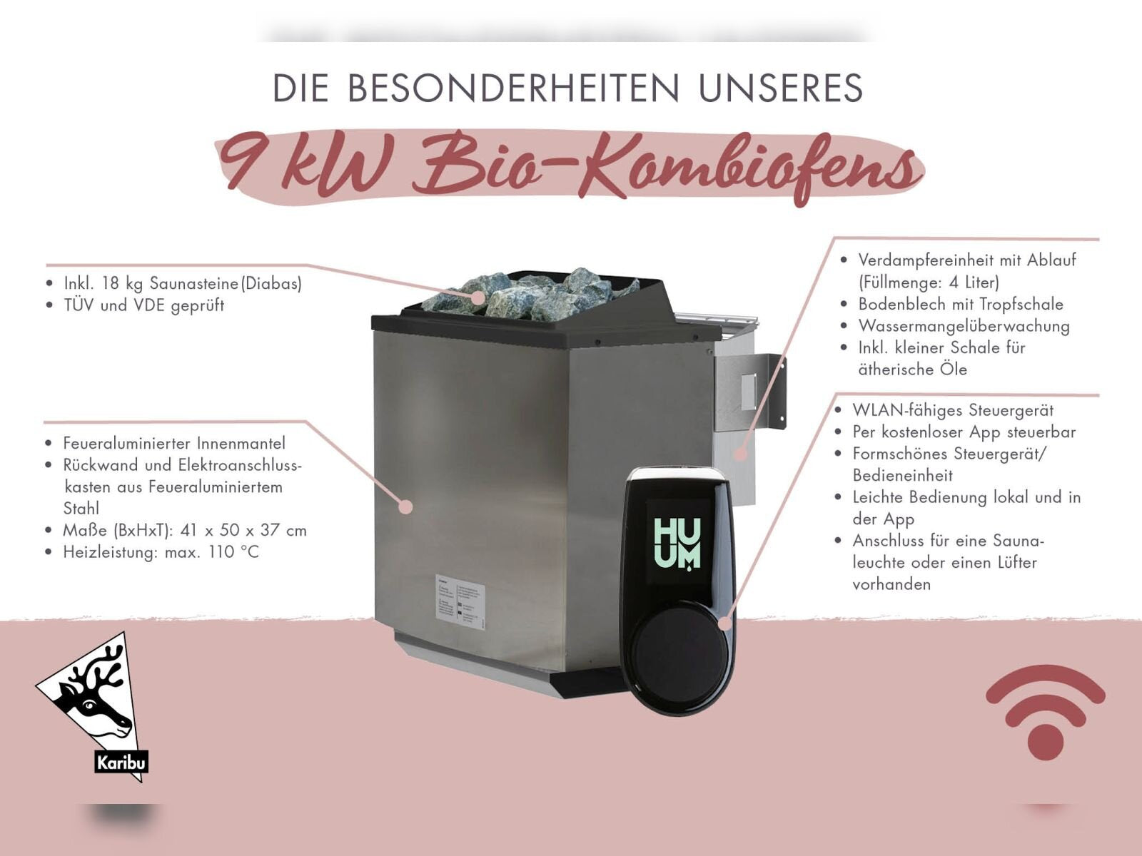 Karibu Sauna Ainur 3, 68 mm, inkl. 9 kW Bioofen ext. Steuerung Wifi HUUM - ohne Dachkranz -