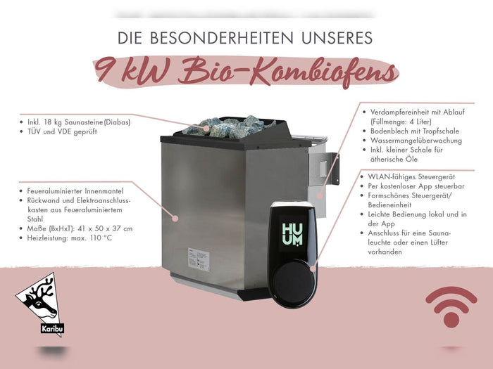 Karibu Sauna Ainur 3, 68 mm, inkl. 9 kW Bioofen ext. Steuerung Wifi HUUM - ohne Dachkranz -