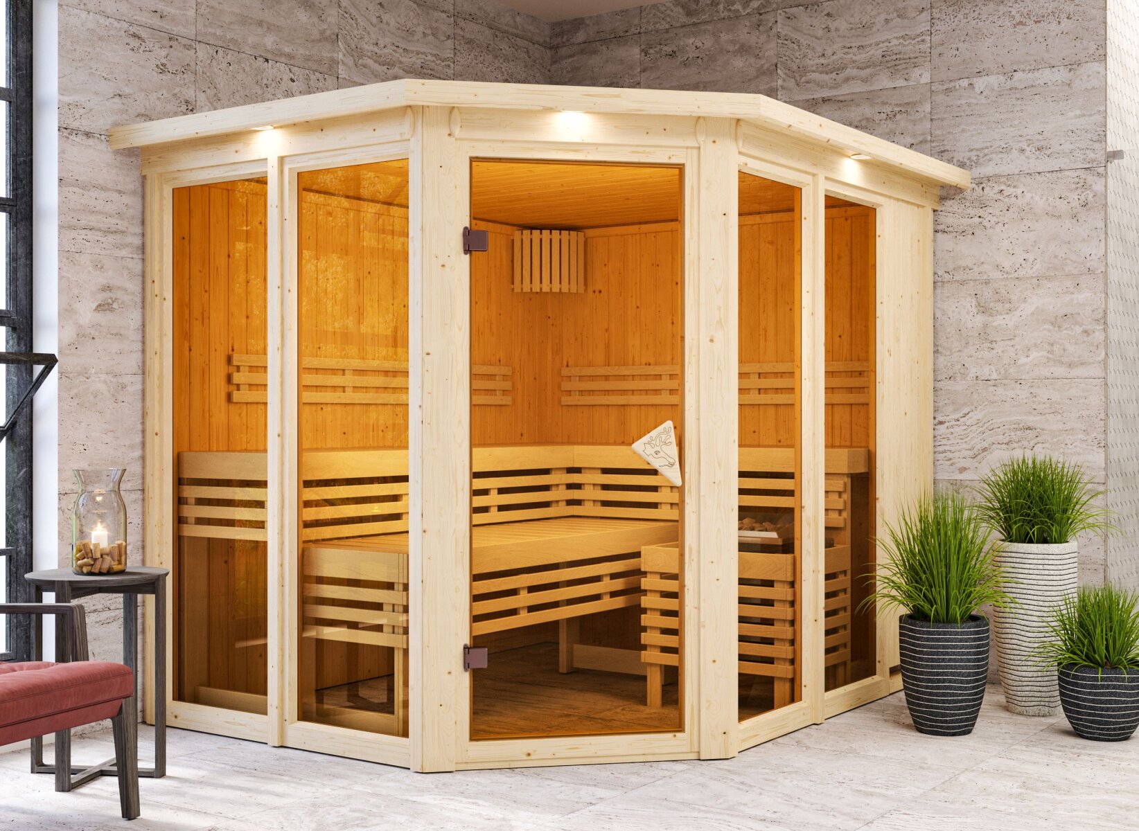 Karibu Sauna Ainur 3, 68 mm, inkl. 9 kW Ofen ext. Steuerung Wifi HUUM - mit Dachkranz -