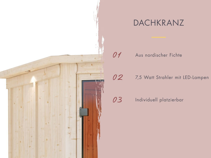 Karibu Sauna Ainur 3, 68 mm, inkl. 9 kW Bioofen ext. Steuerung Wifi HUUM - mit Dachkranz -