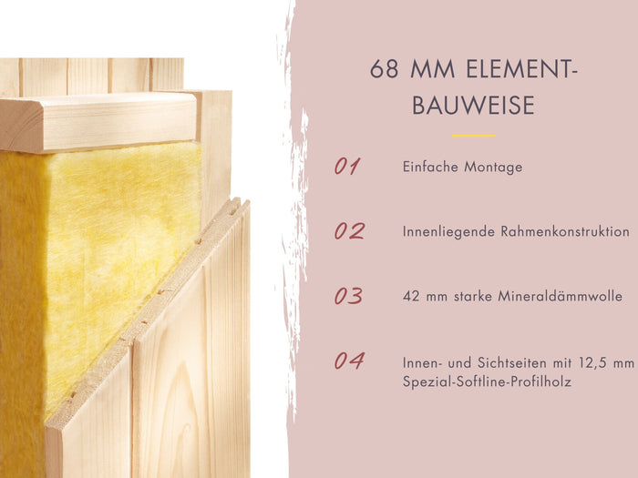 Karibu Sauna Ainur 3, 68 mm, inkl. 9 kW Bioofen ext. Steuerung Wifi HUUM - mit Dachkranz -