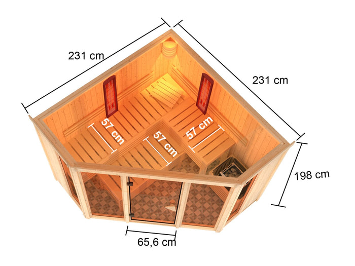 Karibu Multifunktions-Sauna Asta inkl. 9 kW Bioofen ext. Steuerung Wifi HUUM und Infrarotstrahler