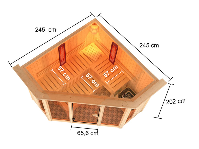 Karibu Multifunktions-Sauna Asta, inkl 9 kW Ofen ext. Steuerung Wifi HUUM und Infrarotstrahler - mit Dachkranz -