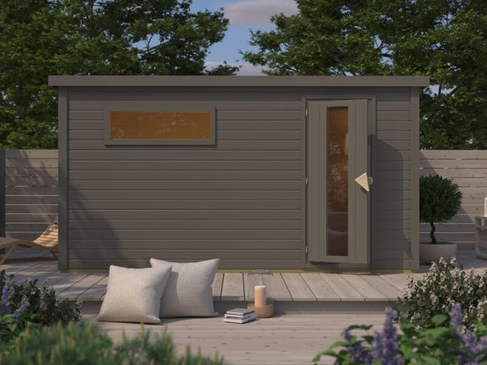 Karibu Saunahaus Hytti 6, inkl. 9 kW Bioofen ext. Steuerung HUUM -mit Iso-Tür- Terragrau