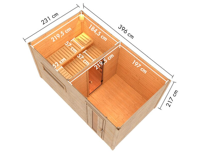 Karibu Saunahaus Hytti 6, inkl. 9 kW Bioofen ext. Steuerung HUUM -mit Iso-Tür- Terragrau