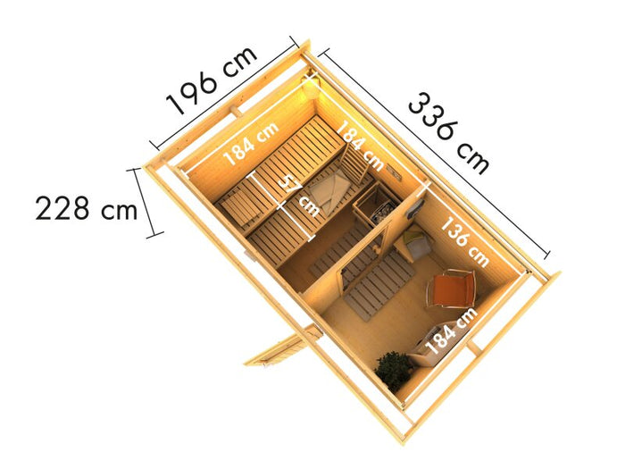 Karibu Saunahaus Skrollan 1 38 mm- 9 kW Ofen ext. Steuerung HUUM- Moderne Tür