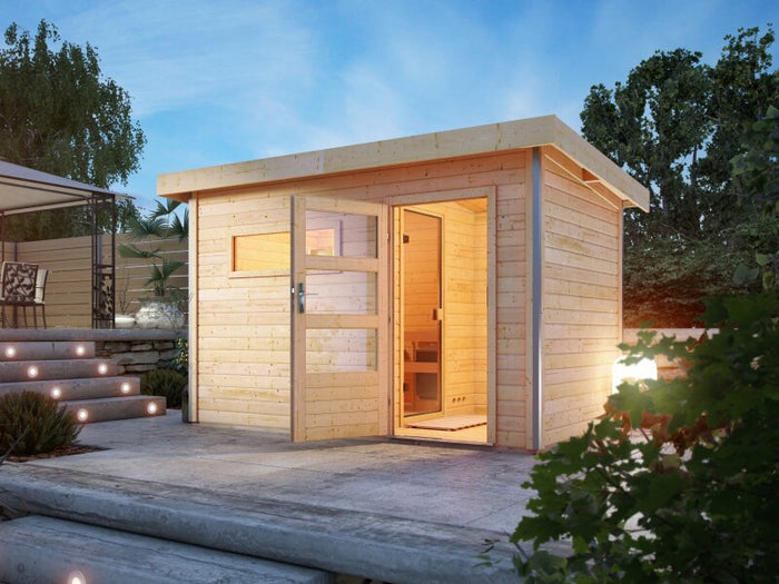 Karibu Saunahaus Skrollan 1 38 mm- 9 kW Bioofen ext. Steuerung HUUM- Moderne Tür