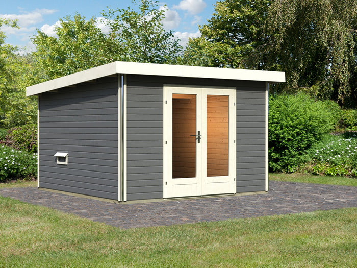 Karibu Saunahaus Mainburg 1 Set B terragrau, inkl. 9 kW Ofen ext. Steuerung HUUM