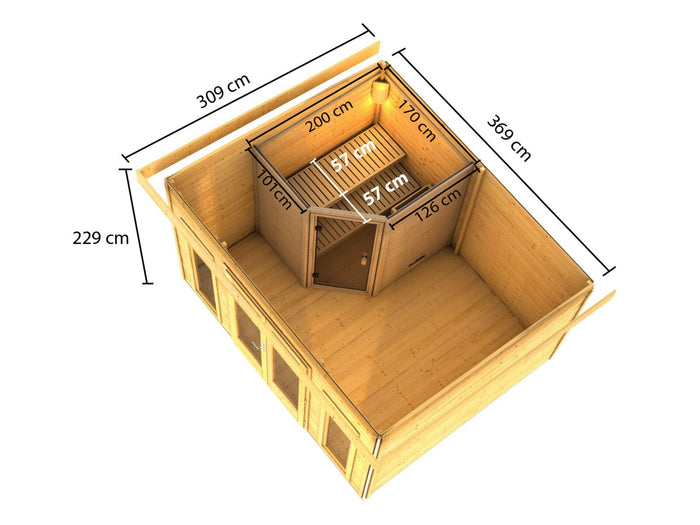 Karibu Saunahaus Mainburg 2 Set A naturbelassen, inkl. 9 kW Bioofen ext. Steuerung HUUM