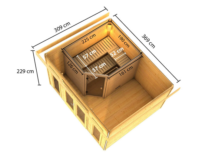 Karibu Saunahaus Mainburg 2 Set B naturbelassen, inkl. 9 kW Bioofen ext. Steuerung HUUM