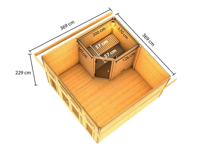 Karibu Saunahaus Mainburg 3 Set A terragrau, inkl. 9 kW Ofen ext. Steuerung HUUM