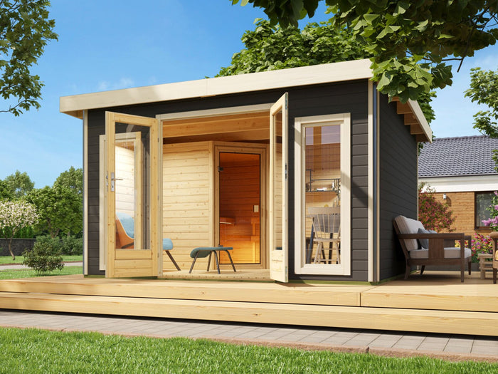 Karibu Saunahaus Mainburg 3 Set A terragrau, inkl. 9 kW Bioofen ext. Steuerung HUUM