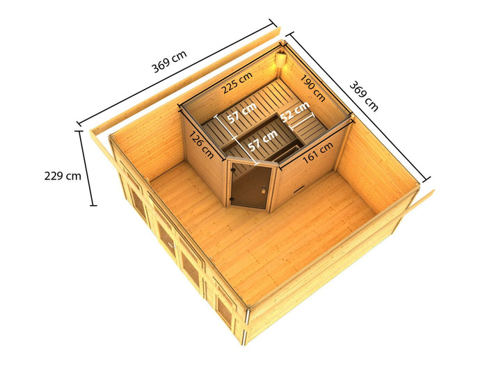 Karibu Saunahaus Mainburg 3 Set B naturbelassen, inkl. 9 kW Bioofen ext. Steuerung HUUM