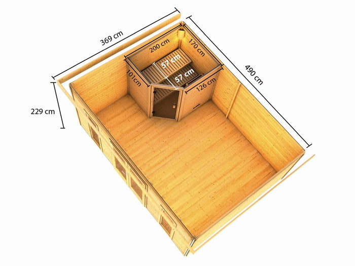 Karibu Saunahaus Mainburg 4 Set A naturbelassen, inkl. 9kW Bioofen ext. Steuerung HUUM