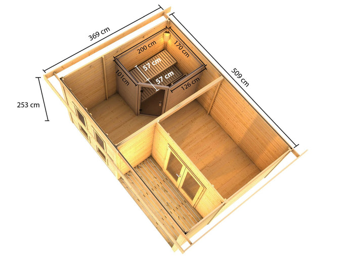 Karibu Saunahaus Mainburg 5 Set A terragrau, inkl. 9 kW Ofen ext. Steuerung HUUM