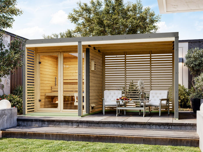 Karibu Hybrid Saunahaus Ares 1, inkl. Anbaudach in naturbelassen/graualuminium -ohne Ofen-