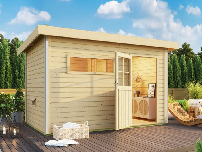 Karibu Saunahaus Skrollan 3, inkl. 9 kW Bioofen ext. Steuerung HUUM - Klassische Tür